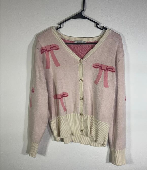 Miss Sparkling Sweaters - Miss Sparkling Womens Pink Bow Cardigan Sweater Cream Coquette Button Front